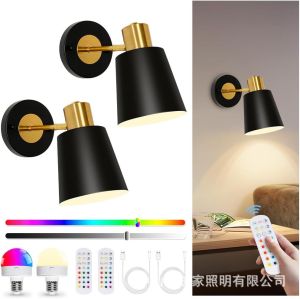 Battery Powered Wireless Light Dimmable with Remote Control Indoor Wall Lamp Black Wall-mounted Light for Bedroom Living Room Corridor