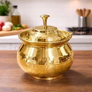 ANYRAS TROVE Hammered Pure Brass ghee Pot Inside Tin Coated with Lid and Spoon(350 ML) Pickle Container Jar with Spoon and Golden Finish Multipurpose kitchen Jar11cm Height 8.5cm Diameter