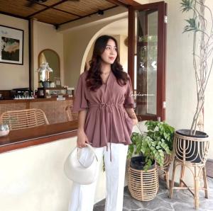 Blouse korean crinkle polos terbaru / atasan terkini cewek serut tali pingang / terlaris kemeja wanita kerut polos