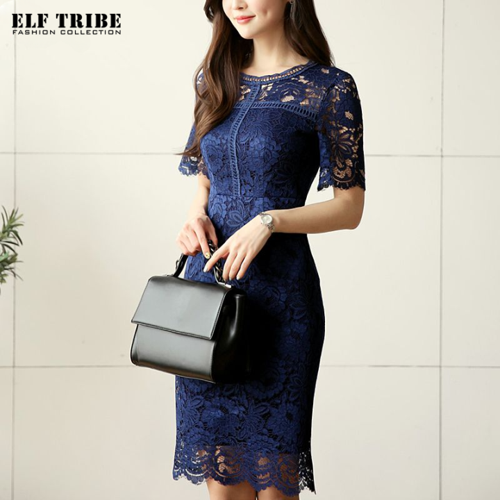 ELF TRIBE Lace Dress Women Elegant Celebrity Short-sleeved Solid Color  Package Hip Dresses | Lazada PH