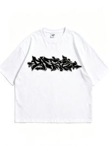 Regular Fit Black And White Street Graffiti Alphabet Graphic Short-Sleeve T-Shirt Vintage Hip-Hop Skate Streetwear Crew Neck Casual T-Shirt
