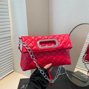 JEAWR ลายตาราง กระเป๋าถือพับได้ สีทึบทึบ สไตล์เกาหลีแบบ กระเป๋าคลัทช์ตอนเย็น ง่ายๆ กระเป๋าใส่โทรศัพท์ กระเป๋าสะพายไหล่สายโซ่ สำหรับผู้หญิง