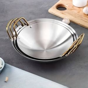 FLAMEWILLOW Stainless Steel Dry Pots Korean with Two Golden Handles Soup Pan Durable Round Bottom Saucepan Picnic