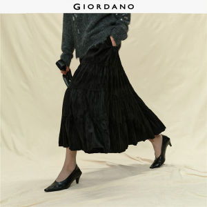 Giordano Women Velvet pleated tiered maxi skirt Free Shipping 18465533