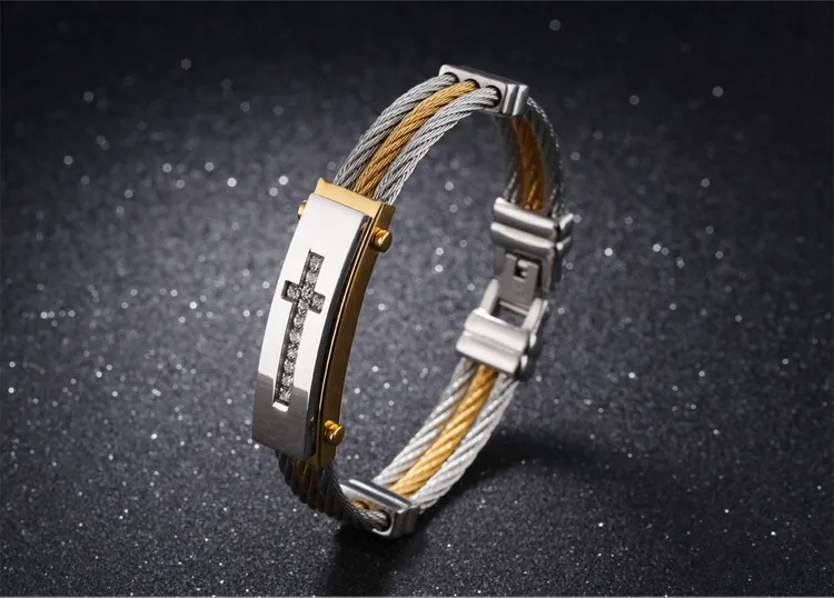 Gold Jesus Cross Bracelet with Cubic Zirconia Men Jewelry Stainless Steel  Mens Rock Bracelets Bangles