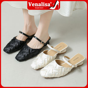 Venalisa New model Fashion Woven Satin Square Toe Mary Jane Mules 4cm Low Heel for Daily Office Wear