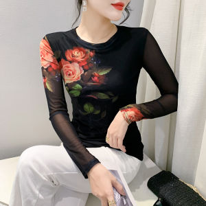 Yimei 2023 Áo lót hoa định vị in ấn thời trang thu đông áo sơ mi Làm Đẹp Tay áo dài phối cảnh Áo thun cổ tròn ôm vừa áo lưới