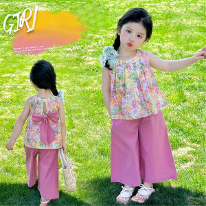 JEOBEST เด็กหญิงชุดฤดูร้อนเด็ก 2025 ใหม่เด็กฤดูร้อนหวานดอกไม้กว้างขากางเกงสองชิ้น ของขวัญสำหรับเด็ก เด็กหญิง ทรงหลวม Muqinyucl