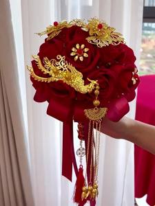 Grooms bouquet for wedding photography props high-end artificial Chinese-style wedding red bridal bouquet