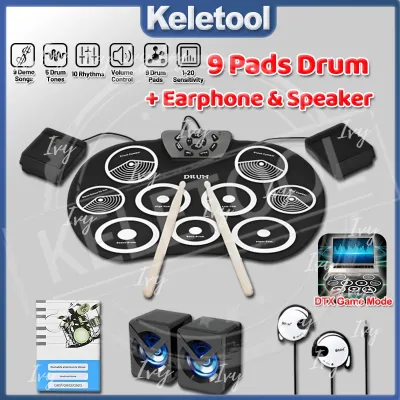 Portable Roll Up Drum 9 Pads Electronic Drum Set Foldable Digital Drum Silicon Drum Pad Kit Roll-up Drum Practice Pad USB Rechargeable with Drumsticks Foot Pedals for Beginner Kids