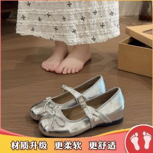 Free Shipping 2026 Spring/Summer New Silver-Colored WomenS Ballet Flats With A Bow Detail Shallow Toe And Designed To Be Worn With Dresses