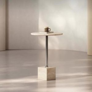 xpkQ Natural Travertine Round Tables Italian Minimalist Side Table Solid Stone Base Modern Cream Luxury Style Living Room Furniture H8M4T
