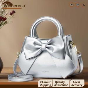 [Winnereco Flagship Mall] Women PU Bow Fashion Shoulder Bag Solid Color Elegant Handbag for Party Vacation