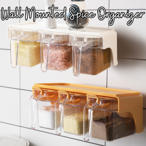 Wall Mounted Detachable Spice Caddy With Removable Jars Spoon Kitchen Condiments Seasoning Salt Sugar Pepper Organizer