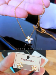 COMBO DÂY CHUYỀN + BÔNG TAI TITAN CỎ 4 LÁ MẠ VÀNG_ SÁNG BÓNG BỀN MÀU KHÔNG DỊ ỨNG