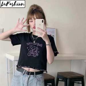 LuFashion Crop Tops for Women Summer Short Sleeve High Waist Slim Cartoon Print T-Shirts