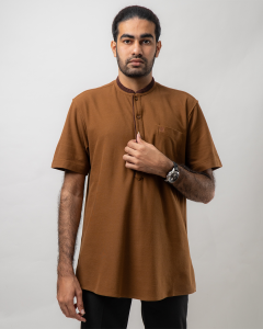 Makhtab | Koko Pria Dewasa Kurta Pakistan Lengan Pendek Coklat | Ankara Brown