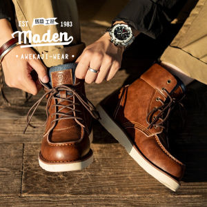MADEN brand workwear style 2025 new winter high street college fashion lapel retro workwear boots mens boots winter British style denim high top leather boots versatile short boots