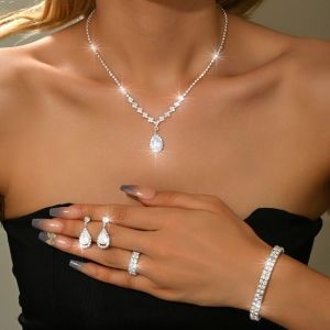 MZRTNZ Copper Claw Chain Necklace Earring Set Droplet Necklace Rhinestone Bridal Accessories Necklace Bracelet Set Popular Womens Jewelry Set Wedding Season