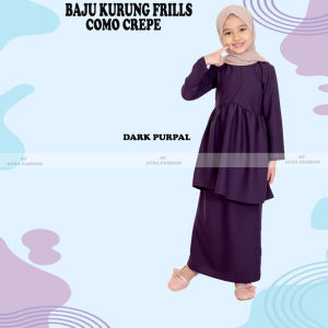 BUDAK BAJU KURUNG FRILLS MUSLIMAH KIDS FASHION PLAIN COMO CRAPE 2 YEARS TO 12 YEARS Anak