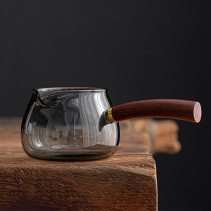 JustLiving Heat-Resistant Glass Pitcher with Wooden Handle Creamer Pitcher Stripe Shape Sauce Milk Coffee Creamer Jug Reusable Teapot Very Suitable for Wine/ Ice Beer/ Whiskey/ Cocktail/ Lemon Juice