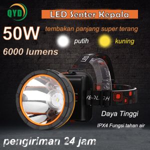 QYD Senter LED Kepala Q8801 50W 6000 Lumens IPX4 Tahan Air Rechargeable untuk Camping Hiking