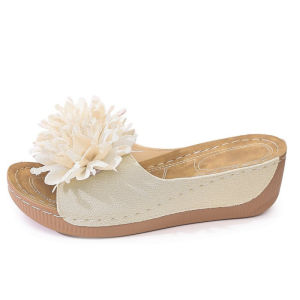 [Free Shipping] White Floral-Patterned Wedge Sandals Open-Toe Casual Platform Flip-Flops Summer Beach Sandals For Women