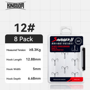 Kingdom brand fishing hooks are made of triple carbon steel material including sizes 4 6 8 10 12 and 14. They are hard corrosion-resistant and durable with sharp tips and strong inverted hooks. Each box contains 8 pieces