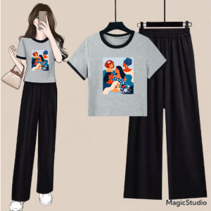 Setelan Estetik Remaja Kaos Crop Ringer Women Day Dan Celana Kulot
