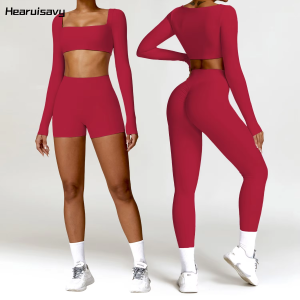 Hearuisavy Summer 2PCS Long Sleeve Gym Set Women Yoga Clothes Quick-Drying Sportswear Running Leggings Workout Sports Crop Top2026