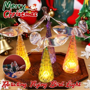 Crystal Christmas Tree Light Rotating Flying Bird Light Mini Luminous Xmas Tree Desktop Decor Ornament Christmas Gift Lights