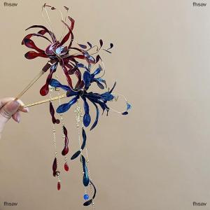 [COD] fhsav Chinese Style Spider Lily Flower Hair Sticks For Women Dripping Oil Tassel Hairpin Vintage Hanfu Chopsticks Hair Accessories