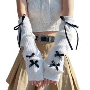 Găng tay nơ dệt kim tất tay thời trang thập niên 2000 cho nữ và Nữ Găng Tay Nửa Ngón Bao cánh tay dày màu trơn