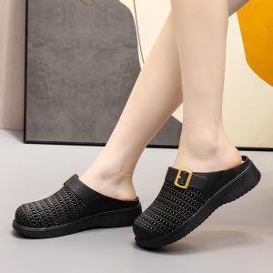 New Half-Enclosed WomenS Summer Slip-On Sandals With Hollow Design Breathable Closed-Toe Mules Thick-Soled Mom Sandals