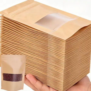 50pcs Kraft Paper Storage Bag - Viewable Window Self-sealing Pouch - Candy Snack Storing Sack - Dry Goods Preserve Pocket - Moisture‑Proof Packaging Bags