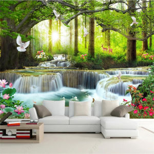 Custom leisure green big tree forest waterfall landscape wallpapers for living room bedroom decor self-adhesive mural