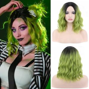 NO4 PANDA Shoulder Length Black Green Gradient Wig Synthetic Explosive Top Dye Water Ripple Curly Hair Full Head Cover Natural Halloween Cosplay Wig For Women