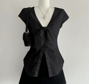 Korean V-neck Short Sleeve Shirt For Women Bow Button Silm Tops