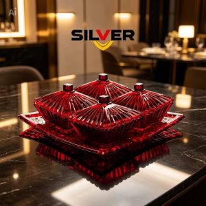 Hũ đựng mứt khay đựng bánh kẹo Tết thủy tinh SILVER – Bộ 4 hũ có khay vuông sang trọng