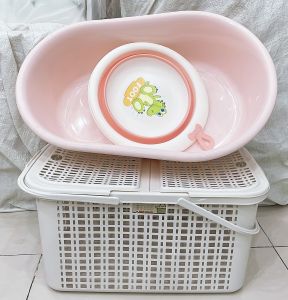 Combo Chậu/Thau tắm nhỏ+Chậu gấp gọn+Làn/Giỏ đi sanh cho Mẹ và Bé tiện lợi