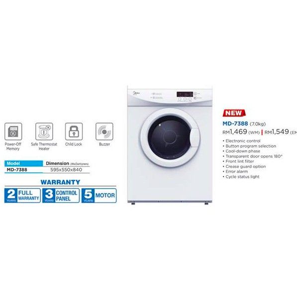*NEW* MIDEA DRYER (MD7388 / MD7388) (7.0KG) with Heat Pump Technology