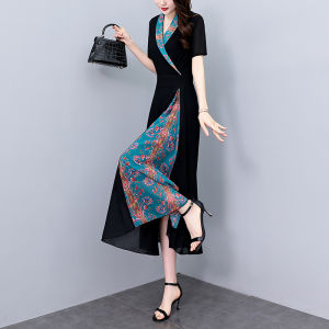 Impression Fashion Women Elegant Chiffon V-neck Short Sleeve High Waist Flower Print Slim Cutting Plus Size Long Dress