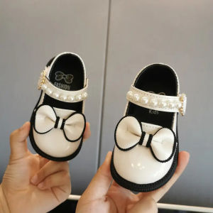 Sepatu Mary Jane Anak Perempuan Motif Pita Mutiara dengan Pita Elastis - Warna Coffee/Maroon/Abu Tua - Size 22-25