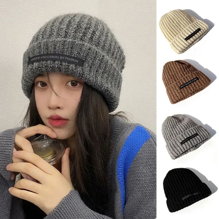 Simple Winter Knitted Cap Women INS Fashion Warm Wool Solid Bonnet ...