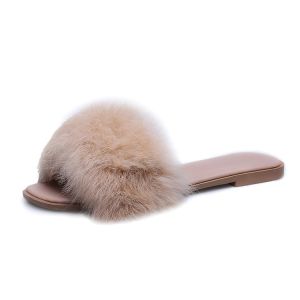 [Free Shipping] Rabbit Fur Sandals For Women 2025 Summer New Korean Style Fashion Fur Slippers Casual Flat WomenS Shoes