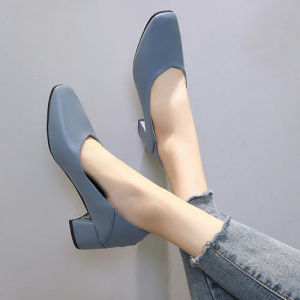 IELGY womens high heels reversible shallow mouth 5cm thick heel square toe small leather shoes