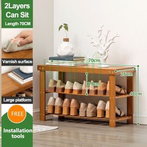 LACC Multifunction Shoe Rack High-grade 2Layers Shoes Changing Stool 70/80/100CM 2 In 1 With Hooks Floor Coat Rack Bamboo Space Saving Living Room