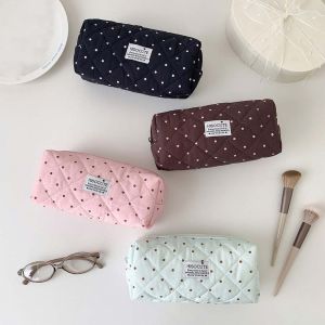 PYA94 Padded Cotton Quilted Pen Bag Zipper Closure Large Capacity Stationery Storage Bag Travel Pencil Pouch Pastel Colors Toiletry Organizer School Students