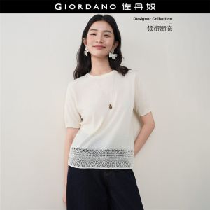 Giordano Women Eyelet embroidered hem short sleeve knitwear Free Shipping 18356808