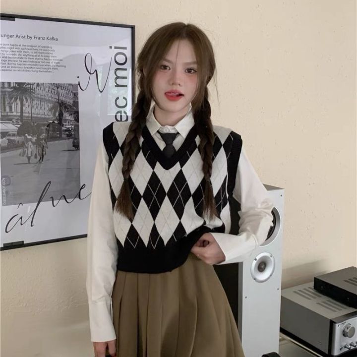 Áo gile len kẻ caro nữ kiểu cổ V, Áo khoác len nữ họa tiết dệt kim hàng ...